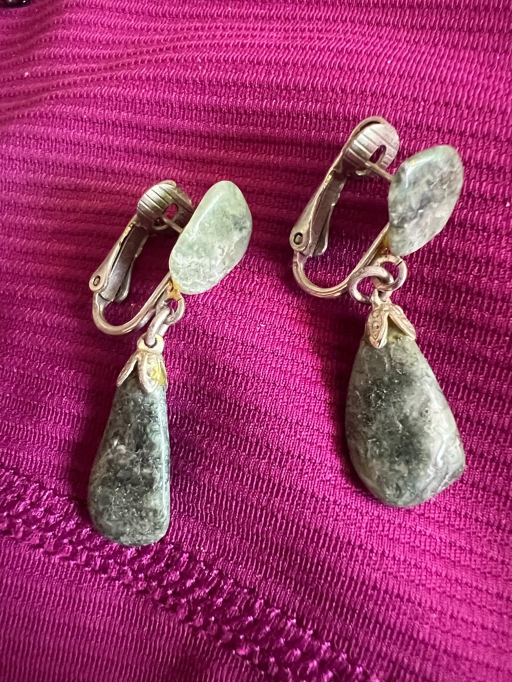 Green Stone Teardrop Clip-On Earrings - Unbranded
